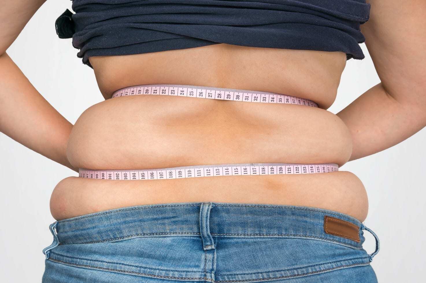 Overweight woman with tape is measuring fat on belly - obesity concept