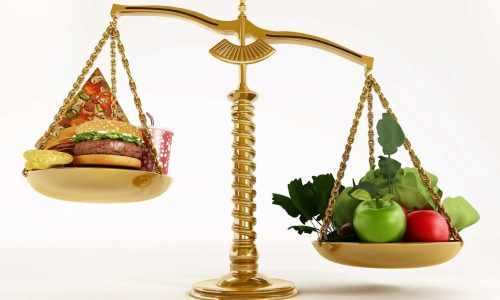 Healthy food and junk food in scales of a balanced scale. 3D illustration.