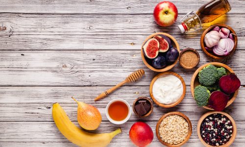 Products for healthy bowel. Natural food for gut. Top view.